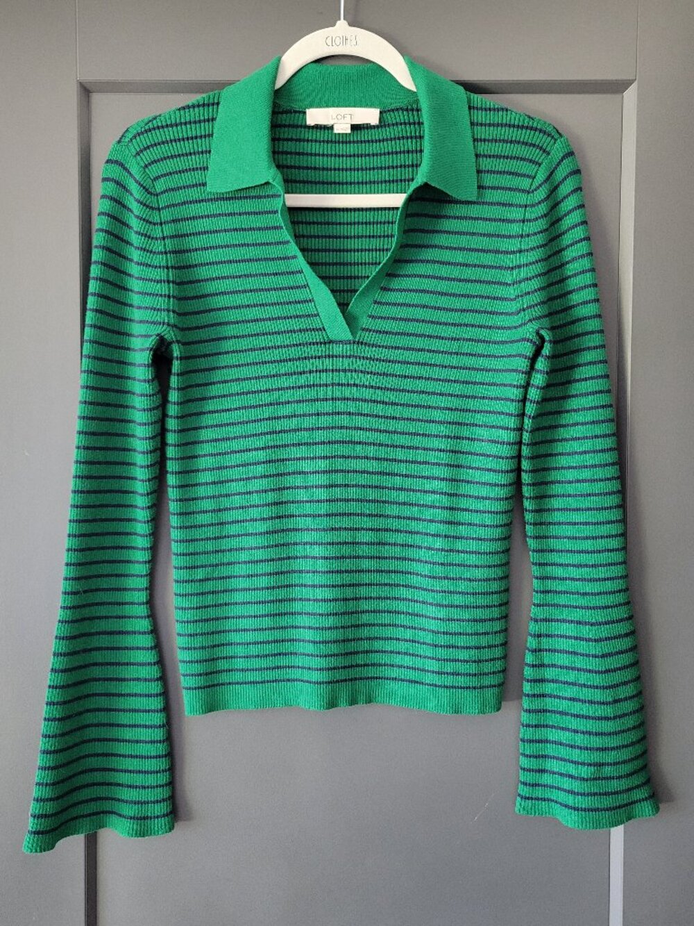 LOFT Striped Ribbed Knit Polo Sweater – Vibrant Green & Navy